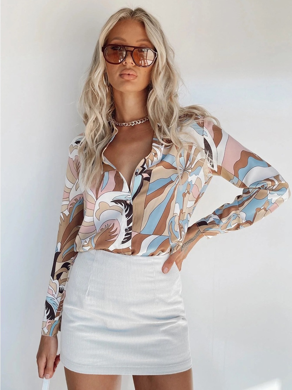 Princess Polly Wave Print Long-Sleeve Blouse - Multicolor Effie Shirt Brown